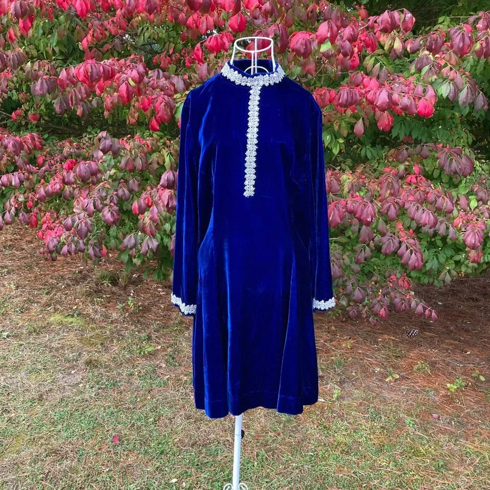 vintage 70s dress 1970s long sleeve velvet deep blue rhinestone glitter | S-M | - Picture 1 of 9